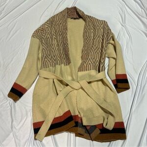 Cream and Brown Wrap Cardigan with Striped Cuffs